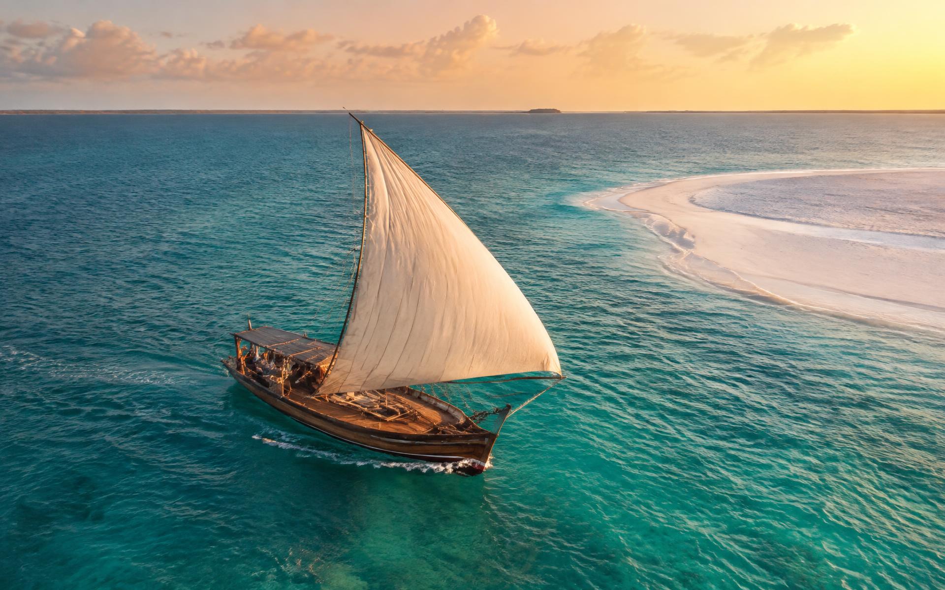Traditional dhow sailing across turquoise Zanzibar water
